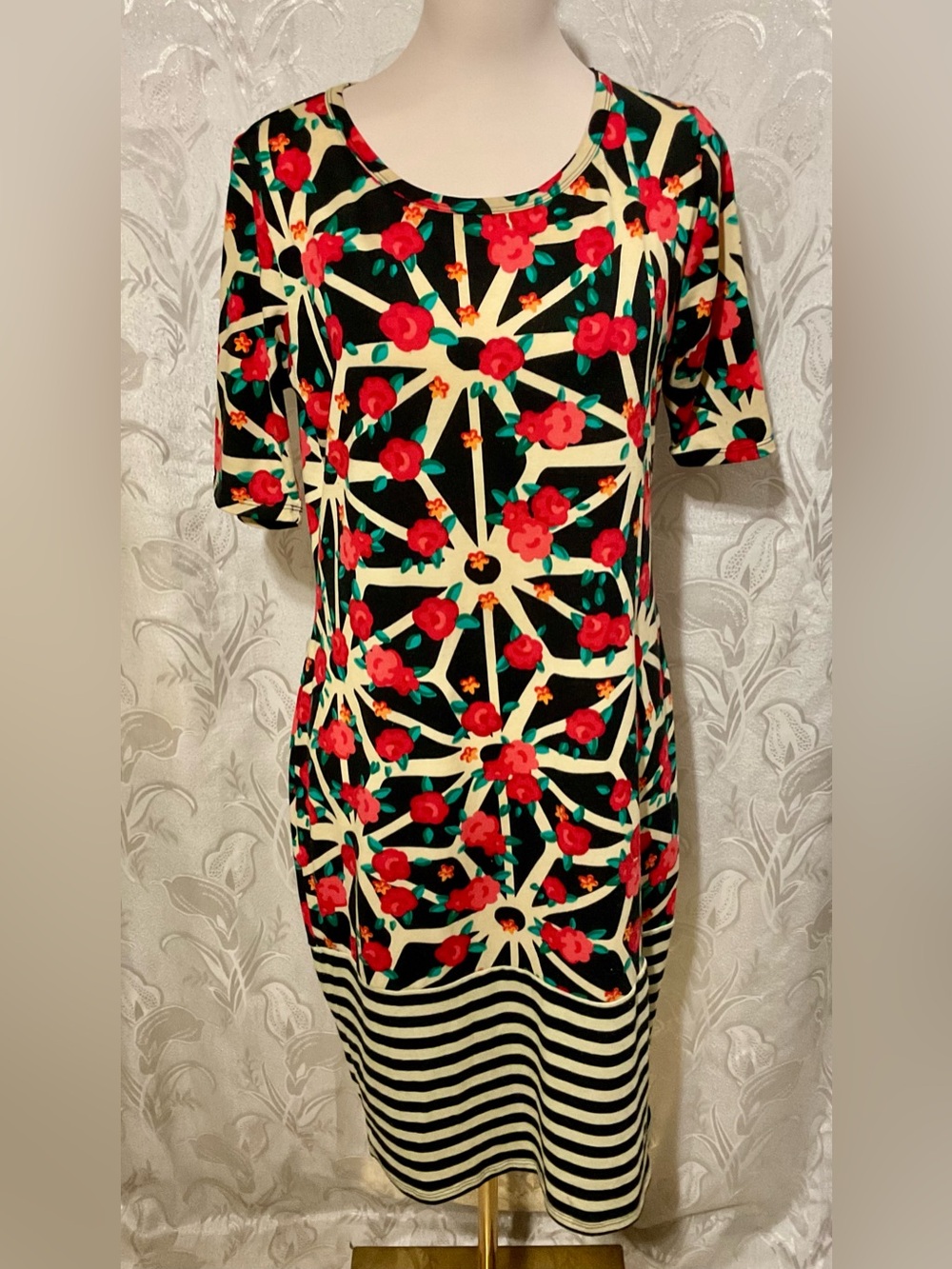 LuLaRoe Julia Dress Geometric Starburst Red Floral Rose Striped Hem Sheath L